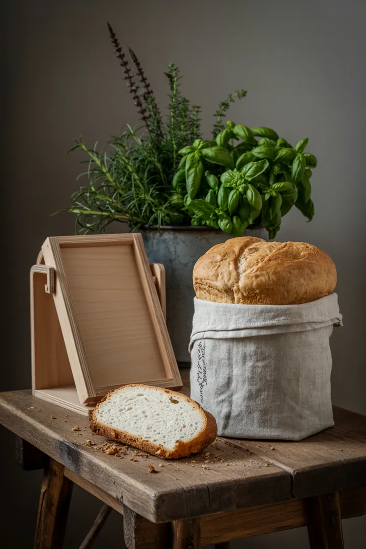 Ein stilvolles Küchenregal mit natürlichem Holz, das eine große Aufbewahrungsdose und einen kompakten Brotbeutel für optimalen Stauraum präsentiert.