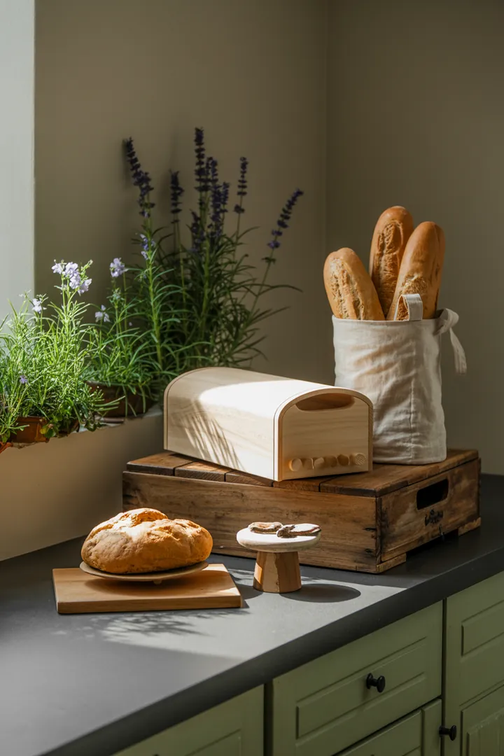 "Praktische Aufbewahrungslösungen für die Küche: Ein stilvolles Regal mit einem großen Behälter für frisches Brot und einem kompakten Beutel für optimale Stauraumnutzung."