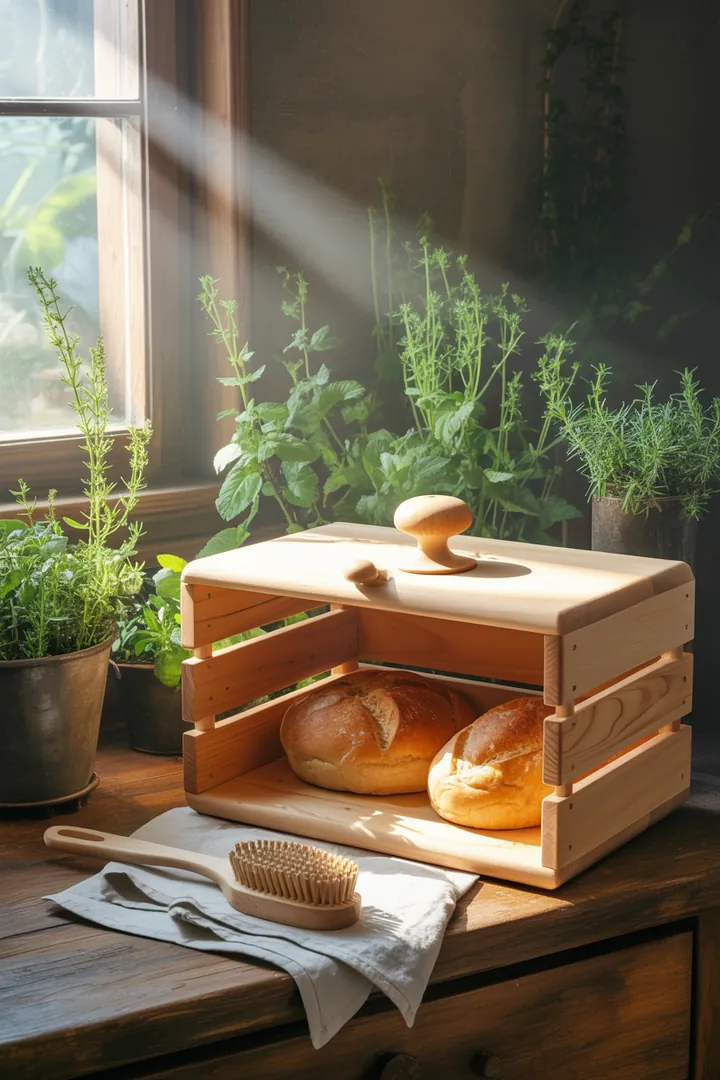 Ein sauberer Brotkasten wird mit einer Bürste und einem milden Essigreiniger gereinigt, während ein Mikrofasertuch für den letzten Schliff sorgt.