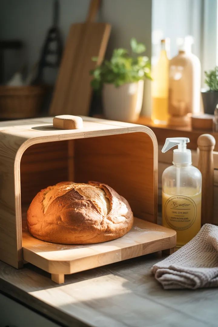 Ein sauberer Brotkasten wird mit einer sanften Bürste und einem milden Essigreiniger gereinigt, während ein Mikrofasertuch bereitliegt.