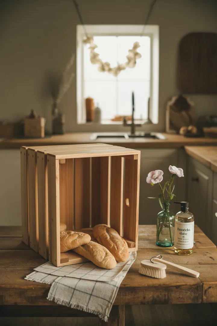 Ein sauberer Brotkasten wird mit einem milden Essigreiniger, einer Bürste und einem Mikrofasertuch gründlich gereinigt.