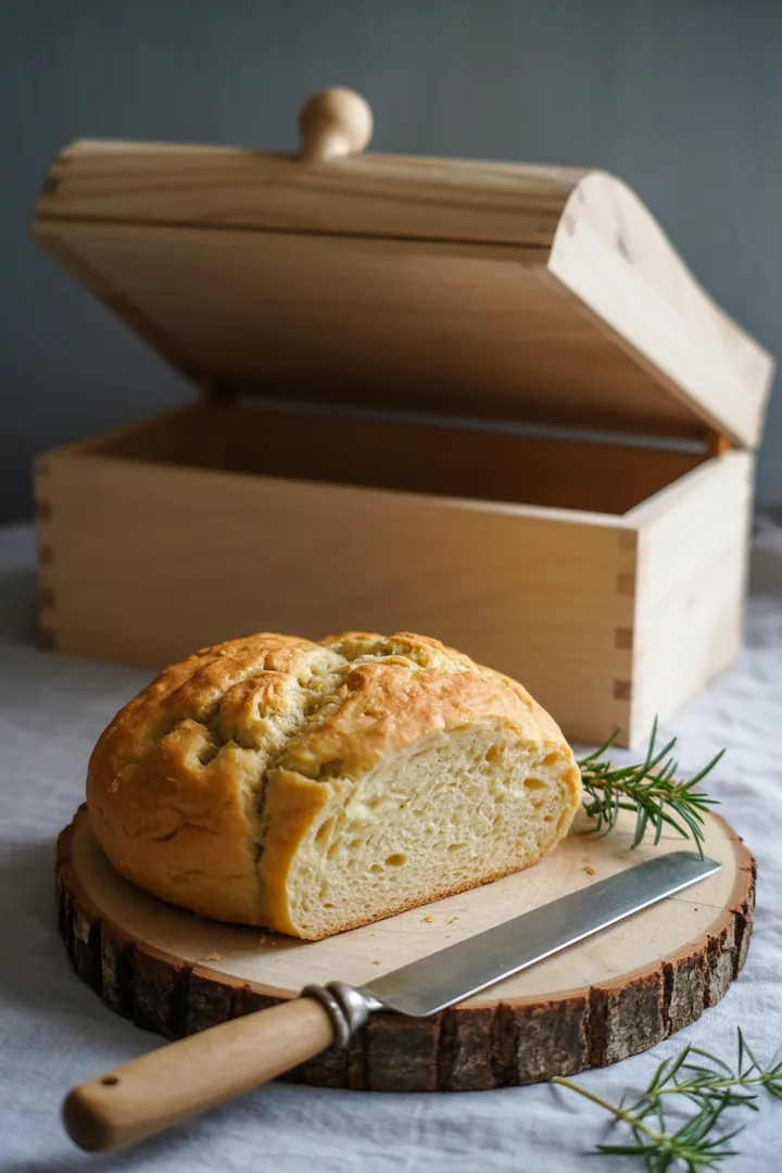 Ein rustikales Küchenszenario, in dem ein scharfes Schneidwerkzeug auf einem Holzbrett liegt, während ein frisches Backwerk in einem stilvollen Behälter aufbewahrt wird.
