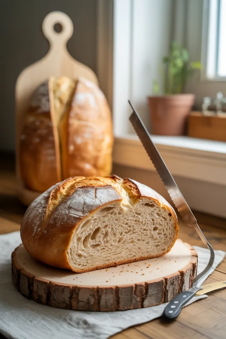 Ein stilvolles Küchenarrangement zeigt ein praktisches Schneidbrett mit einem hochwertigen Brotmesser, umgeben von einem traditionellen Brotbeutel und einem modernen Brotkasten, ideal für den Alltag.