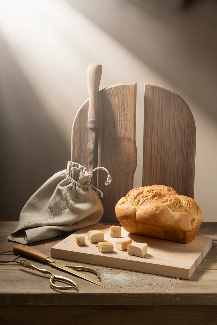 Ein rustikales Küchenszenario mit einem hochwertigen Schneidwerkzeug, einem stabilen Holzbrett, einem stilvollen Behälter für frisches Gebäck und einem praktischen Aufbewahrungsbeutel für Brot.