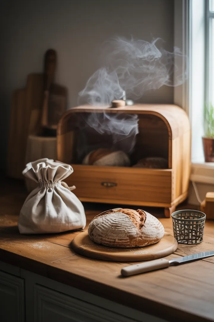 Ein rustikales Küchenarrangement mit einem eleganten Schneidbrett, einem scharfen Brotmesser und einem stilvollen Brotkasten, um frisches Brot aufzubewahren.