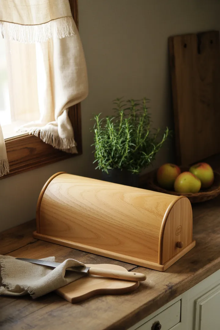 Ein Küchenutensil auf einem Holzbrett, das zum Schneiden von frischem Gebäck dient, umgeben von einem praktischen Aufbewahrungsbeutel und einem stilvollen Behälter.