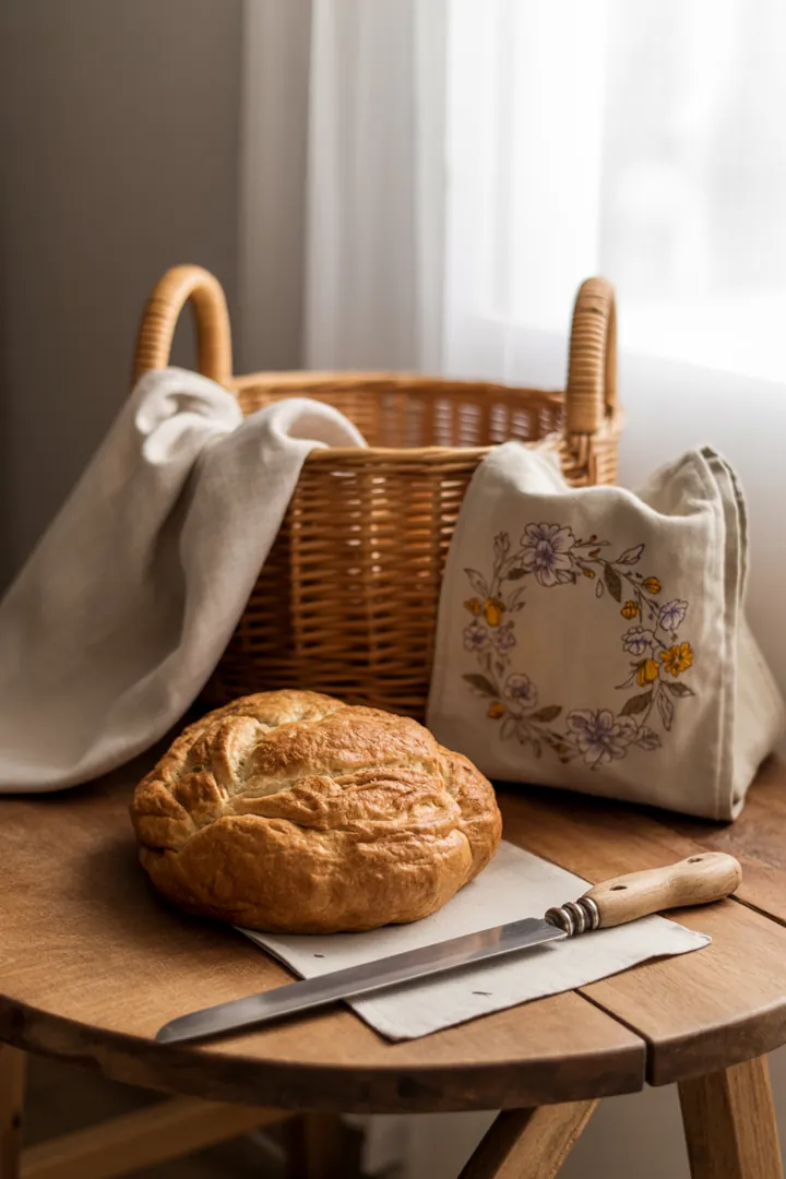 Ein rustikales Holzschneidbrett mit einem eleganten Brotmesser, umgeben von einem stilvollen Brotbeutel und einem modernen Brotkasten, ideal für den Alltag.