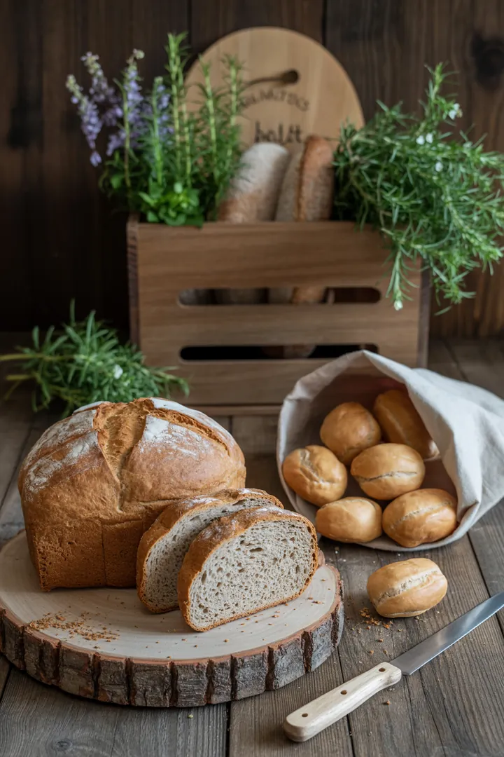 Ein stilvolles Aufbewahrungssystem für Backwaren, das eine praktische Brotbox mit Lüftungsöffnungen, einen eleganten Leinenbrotbeutel, ein scharfes Brotmesser und hilfreiche Tipps zur Fehlersuche vereint.