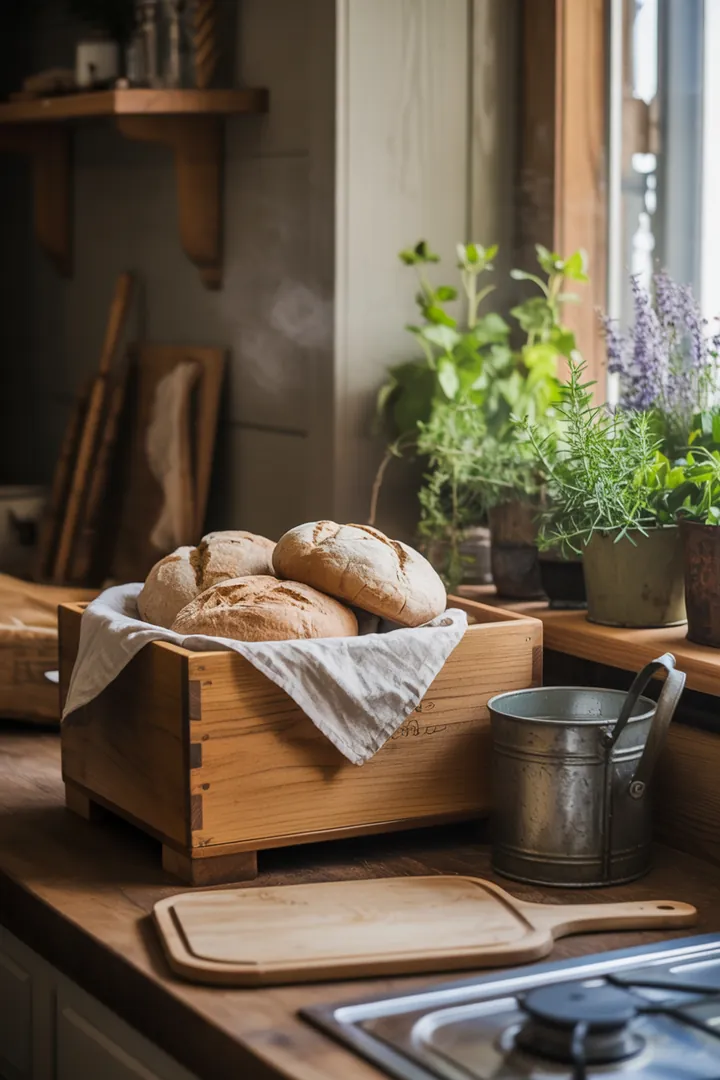 Ein stilvolles Aufbewahrungsset für Backwaren, bestehend aus einem atmungsaktiven Behälter, einem schützenden Sack aus natürlichem Material und einem präzisen Schneidewerkzeug für frisches Gebäck.