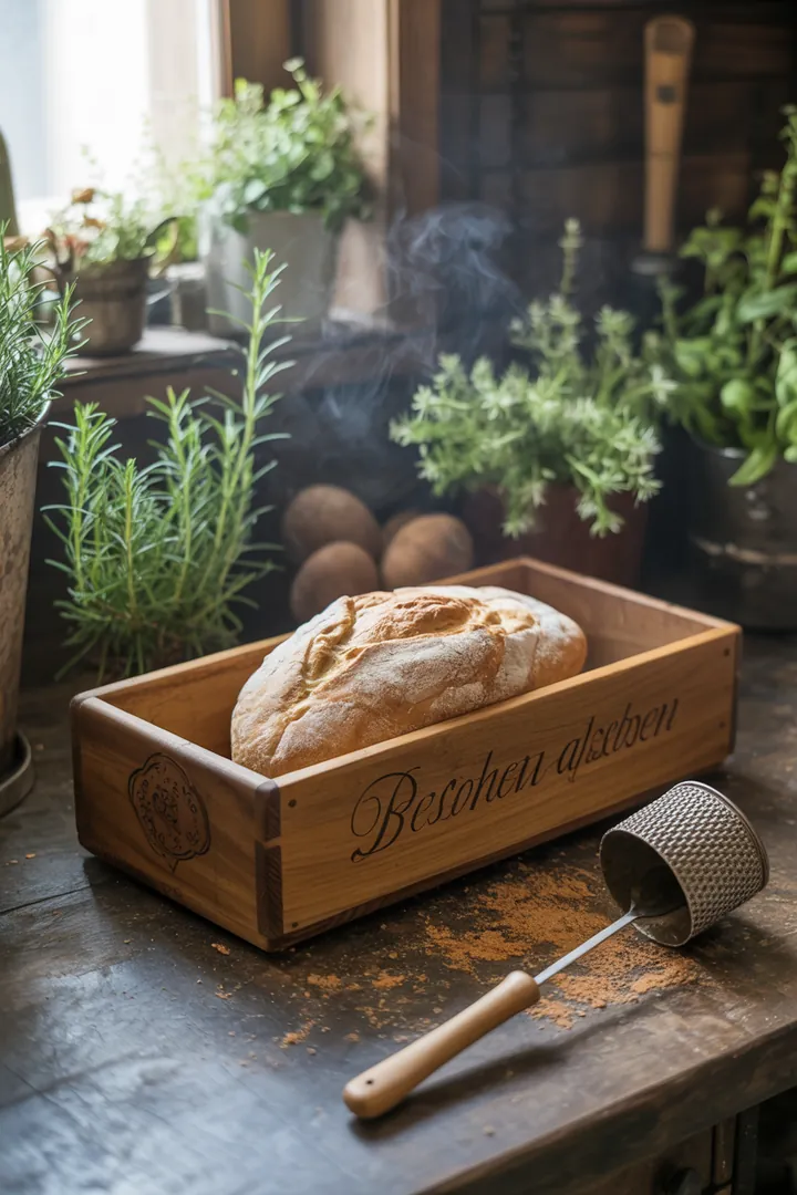 Ein stilvolles Aufbewahrungssystem für frisches Gebäck, bestehend aus einem luftzirkulierenden Behälter, einem Leinenbeutel und einem scharfen Schneidewerkzeug für perfekte Scheiben.