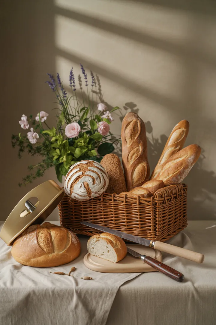 „Ein stilvolles Aufbewahrungssystem für frisches Gebäck, einschließlich eines Brotkastens mit Lüftung, einem eleganten Brotbeutel aus Leinen und einem scharfen Brotmesser zur perfekten Fehlersuche bei der Brotbereitung.“