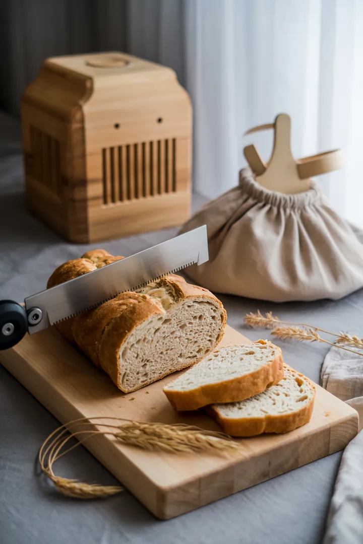 Bild zeigt eine stilvolle Aufbewahrungslösung für frisches Gebäck, darunter ein praktisches Behältnis mit Belüftung, ein eleganter Leinenbeutel für Brot, sowie ein hochwertiges Schneidewerkzeug, ideal für die effektive Fehlersuche in der Küche.