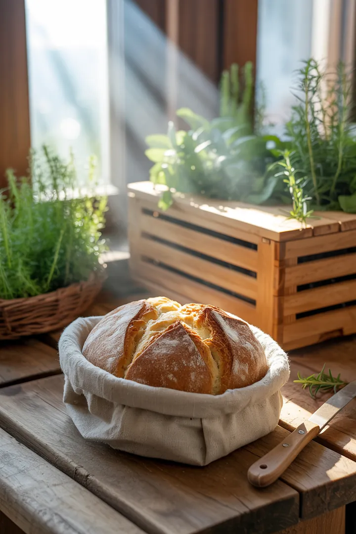 "Praktisches Zubehör zur Aufbewahrung von Backwaren, inklusive einer atmungsaktiven Tasche aus Naturmaterial, einem scharfen Schneidewerkzeug und einer durchlüfteten Aufbewahrungsbox."