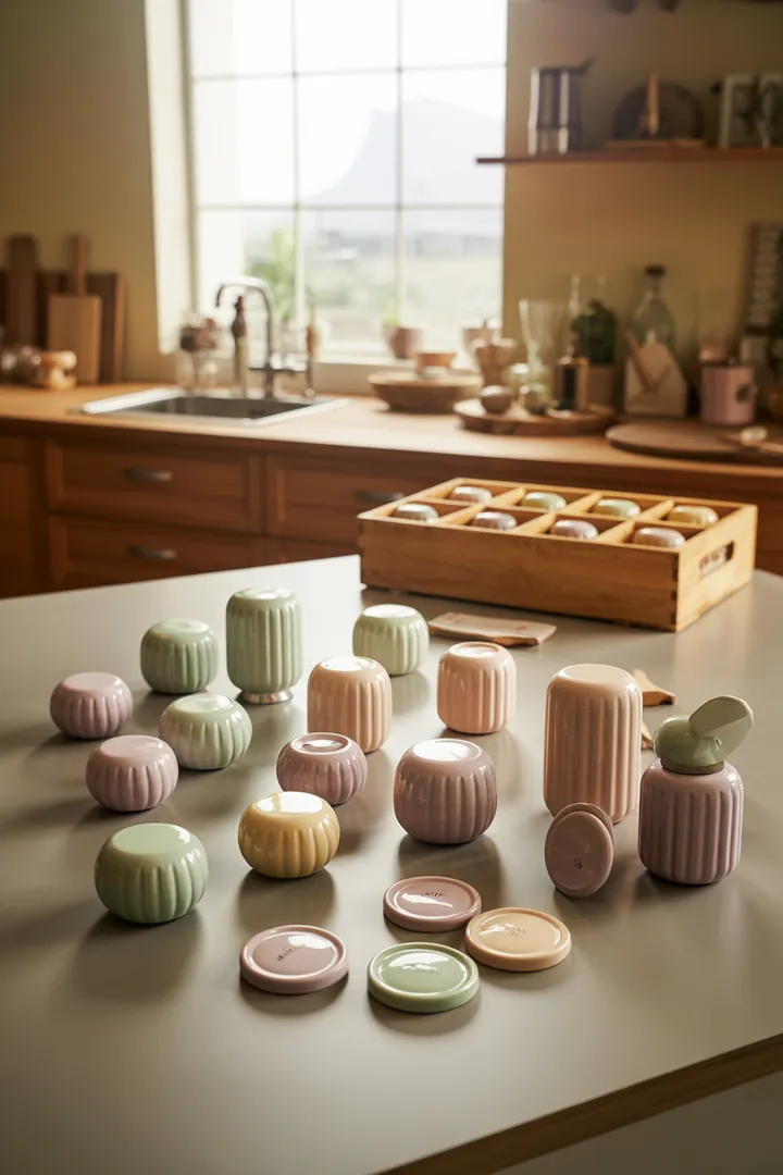 Praktische Aufbewahrungslösung für eine ordentliche Küche: stapelbare Behälter mit Beschriftungen und einem cleveren Deckelhalter im Schubladeneinsatz.