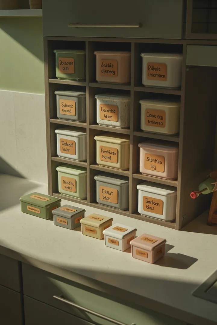 Organisierte Aufbewahrungslösung mit Deckelhalter und Schubladeneinsatz für stapelbare Dosen, ideal für mehr Stauraum und Ordnung in der Küche.