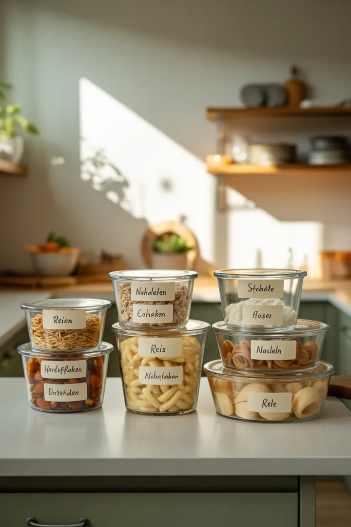 Organisierte Aufbewahrungslösung mit einem praktischen Deckelhalter, einem vielseitigen Schubladeneinsatz und stapelbaren Dosen, ideal für effizienten Stauraum und Ordnung.