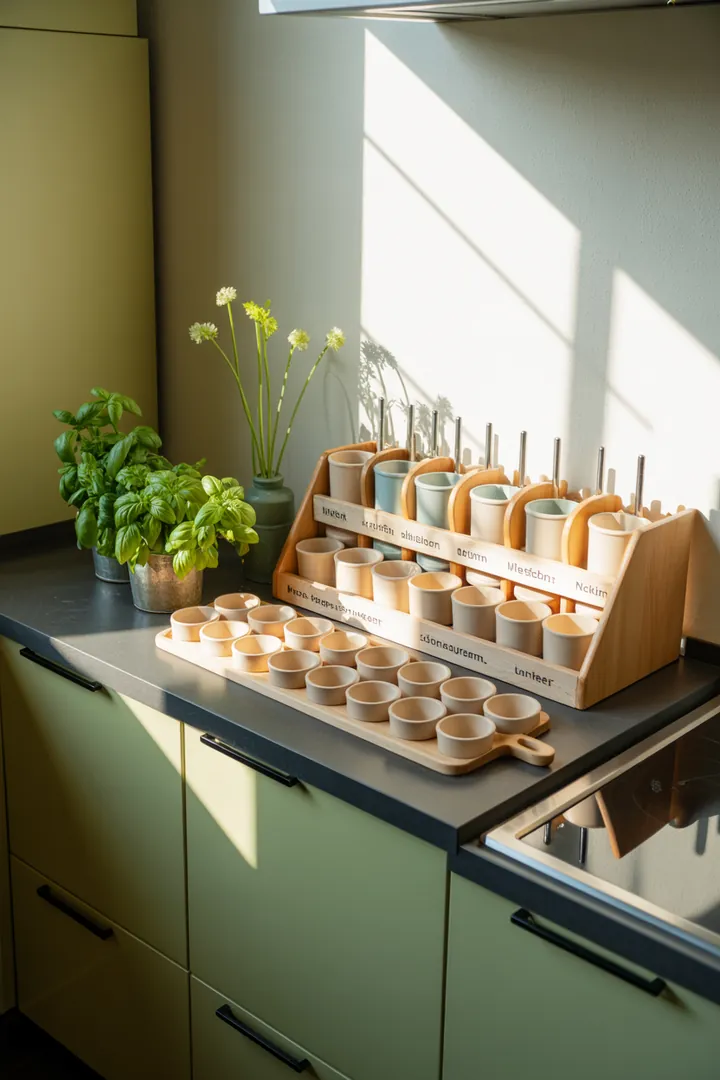 "Organisierte Aufbewahrungslösung mit einem cleveren Halter für Deckel, praktischen Schubladeneinsatz und stapelbaren Behältern, die durch Etiketten leicht identifiziert werden."