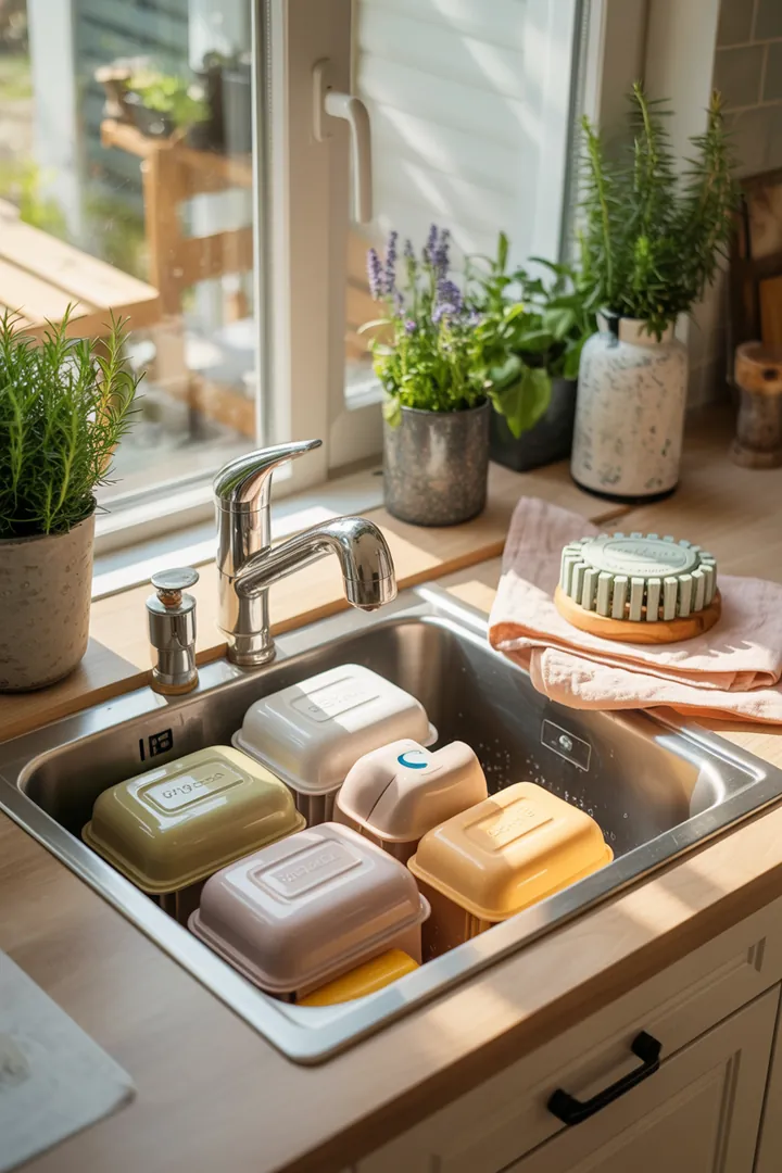 "Effektive Reinigungslösungen für Kunststoffdosen mit Reinigungsbürsten und natürlichem Geruchsentferner, um unangenehme Gerüche zu beseitigen."