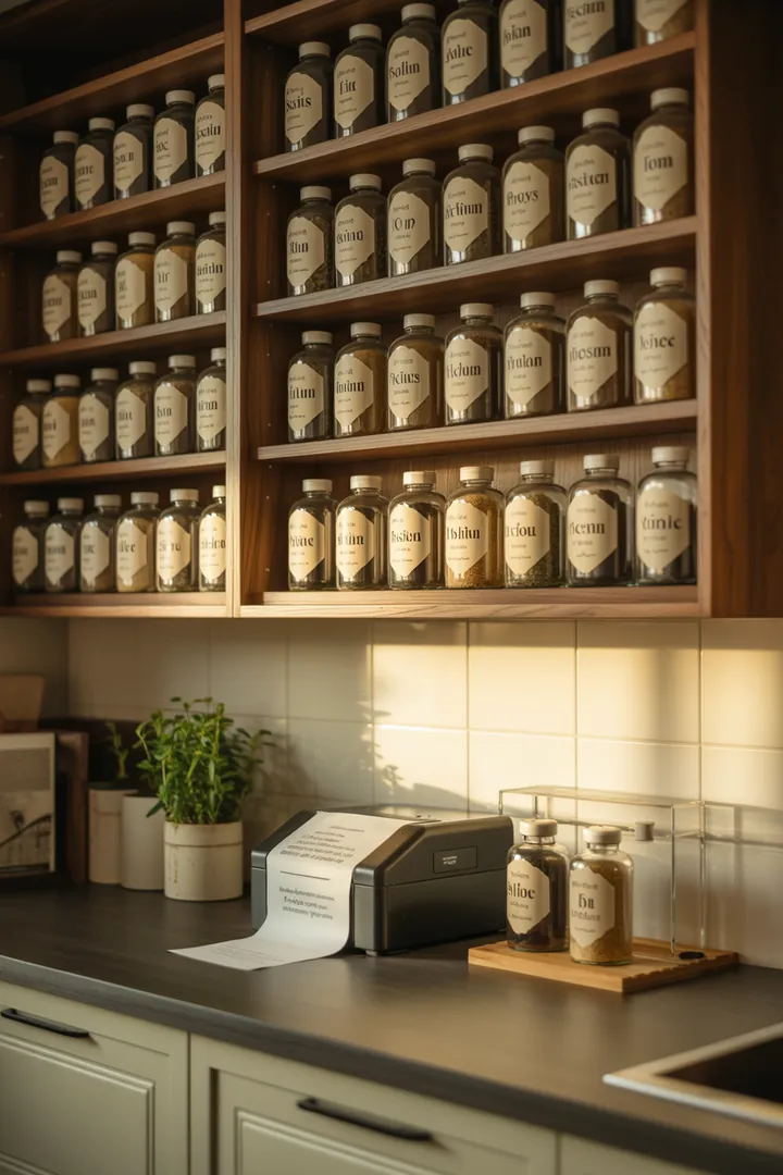 Ein gut organisiertes Regal mit beschrifteten Gewürzbehältern, die mit einem Etikettendrucker erstellt wurden, daneben ein Marker und ein Nachfülltrichter für einfache Handhabung.