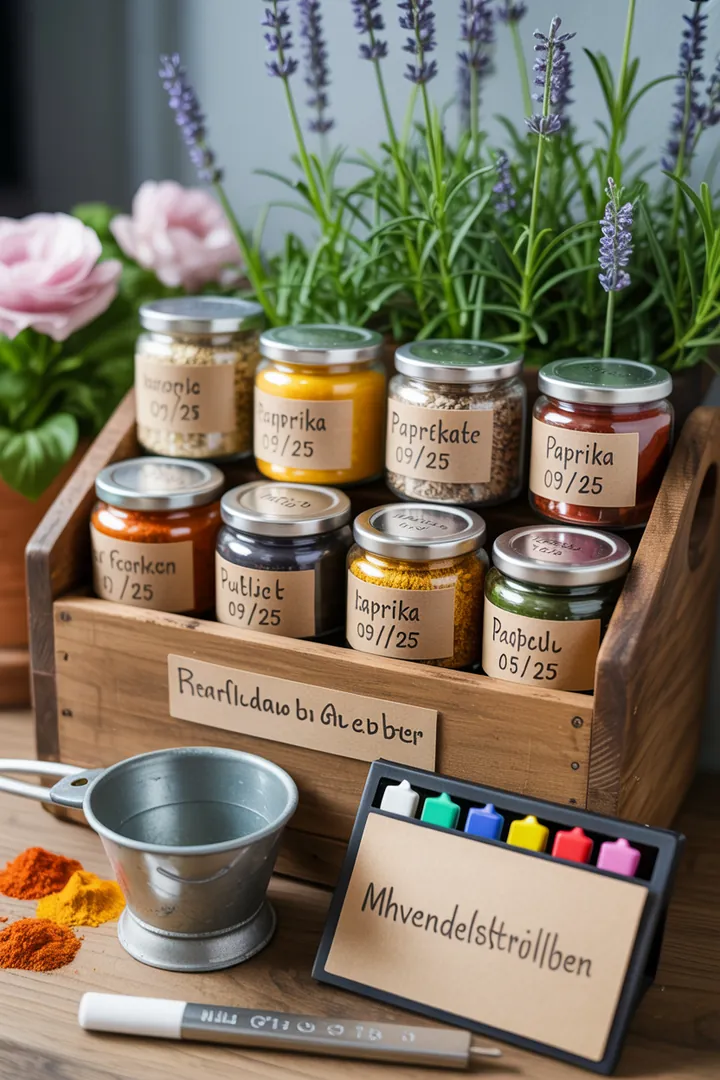 Ein gut organisiertes Gewürzregal mit individuell gestalteten Etiketten, einem praktischen Drucker für Etiketten, Markern und einem Nachfülltrichter für einfache Handhabung.