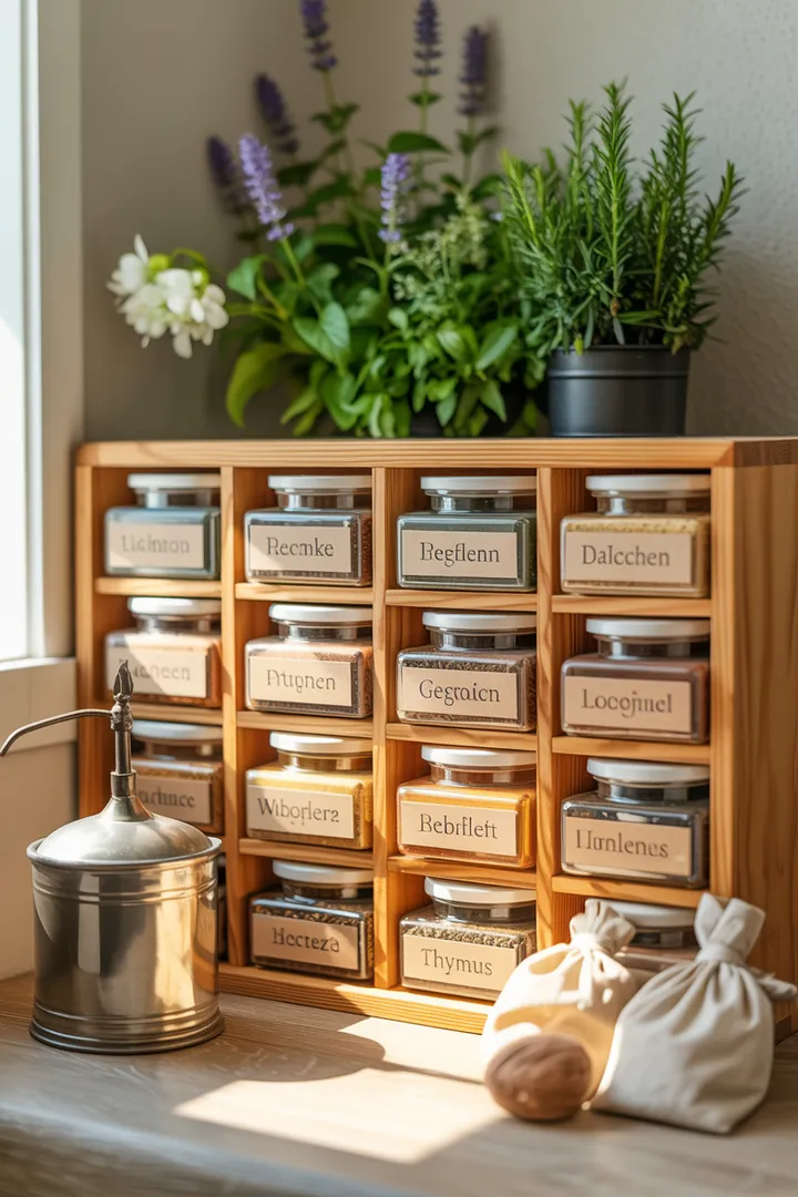 Ein gut organisiertes Gewürzregal mit farblich gekennzeichneten Behältern, einem Etikettendrucker, Markern und einem Nachfülltrichter für die perfekte Gewürzaufbewahrung.