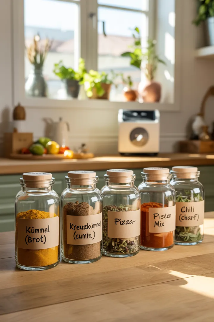 Ein gut organisiertes Gewürzregal mit beschrifteten Behältern, einem Etikettendrucker, Markern und einem Nachfülltrichter für einfaches Nachfüllen.