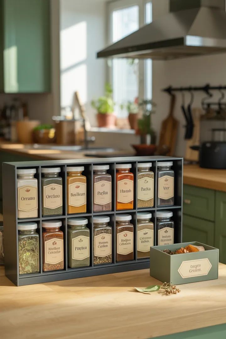 "Praktische Anordnung von Gewürzen mit klaren Beschriftungen, einem Etikettendrucker und einem Nachfülltrichter, ergänzt durch bunte Marker für eine ansprechende Präsentation."