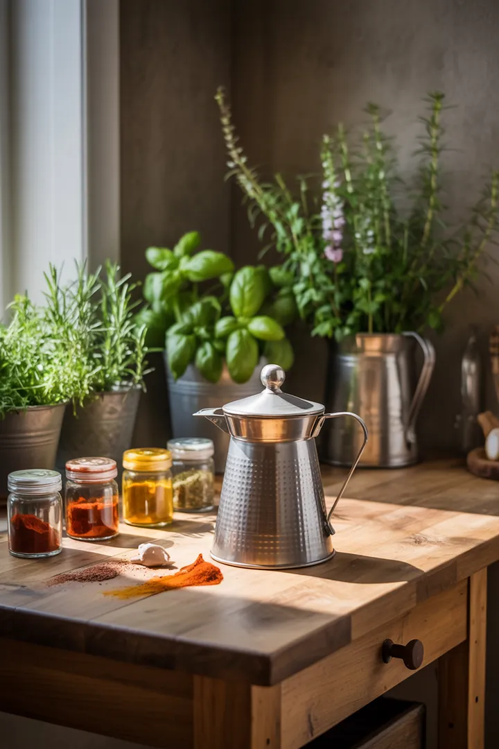 Ein praktisches Set mit einem Gewürztrichter, Dosierlöffel und Gewürzdosen auf einer Auffangschale, das für Ordnung und Sauberkeit in der Küche sorgt.