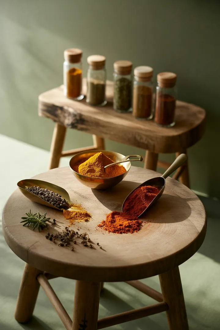 Ein praktisches Set zur Gewürzaufbewahrung mit einem Trichter zur sauberen Befüllung von Dosen und einem Dosierlöffel, ergänzt durch eine Auffangschale.