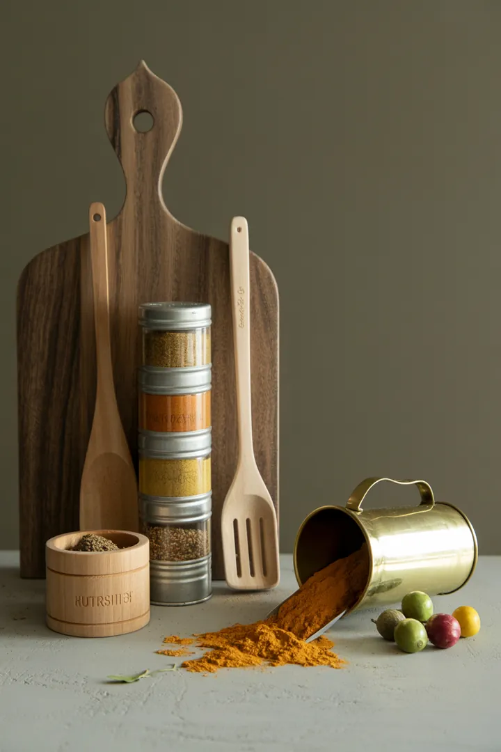 Ein praktisches Set zur Gewürzaufbewahrung mit einem Trichter für saubere Übergänge, einem Dosierlöffel und einer Auffangschale für Gewürzdosen.