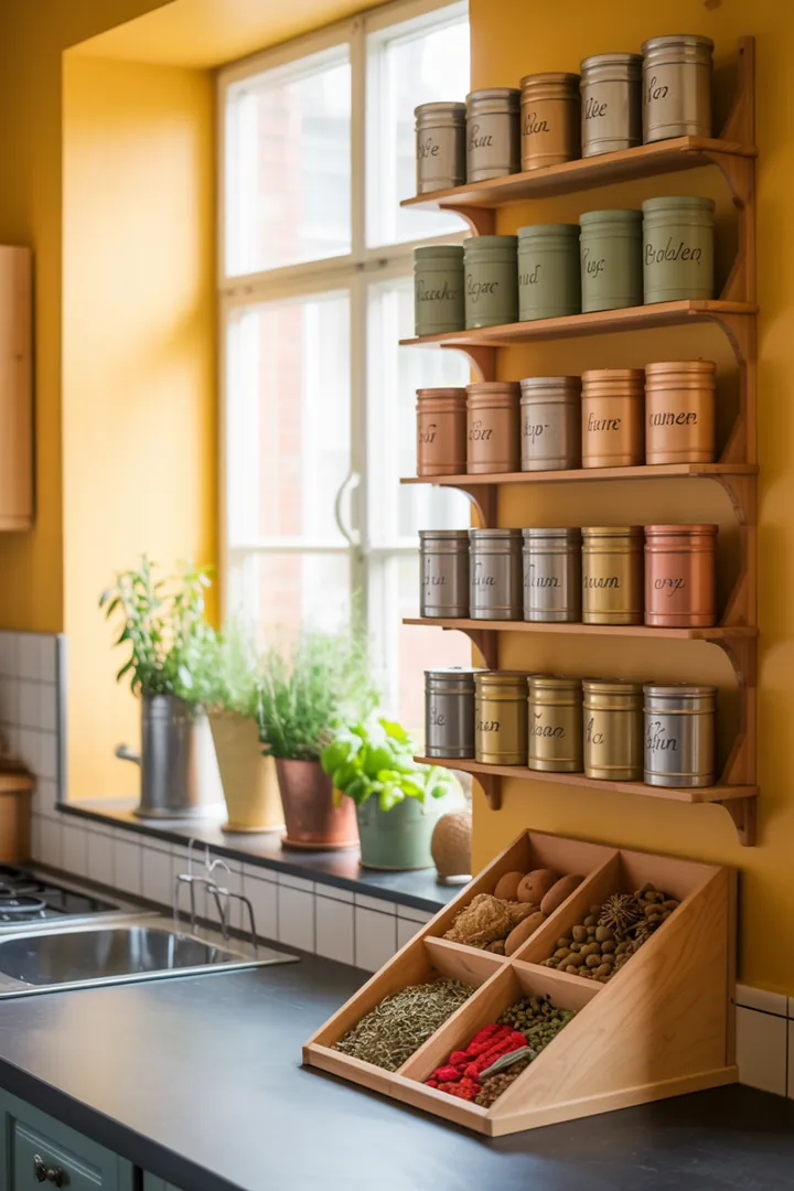 Ein organisierter Küchenbereich mit einem praktischen Regal, das Gewürzdosen und beschriftete Schubladeneinsätze für optimalen Stauraum und Ordnung bietet.