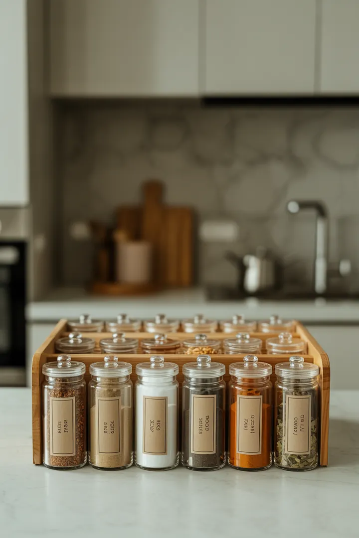 Ein stilvolles Gewürzregal mit eleganten Gewürzdosen und beschrifteten Etiketten, ideal für optimalen Stauraum und Ordnung in der Küche. Gewürzschubladen-Einsatz sorgt für Übersichtlichkeit.