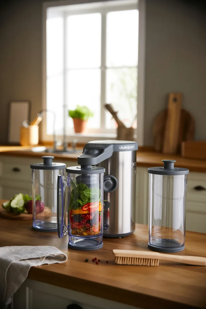 Ein handwerkliches Setup mit verschiedenen Ersatzdichtungen, Vakuumventilen und Vakuumdosen, ergänzt durch eine Reinigungsbürste zur effektiven Fehlersuche und Wartung.