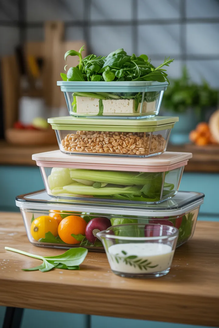 Ein organisierter Küchenarbeitsplatz mit verschiedenen Boxen mit Fächern, einer Salatschleuder, Dressing-Behältern und Küchenpapier für kreatives Meal Prep.