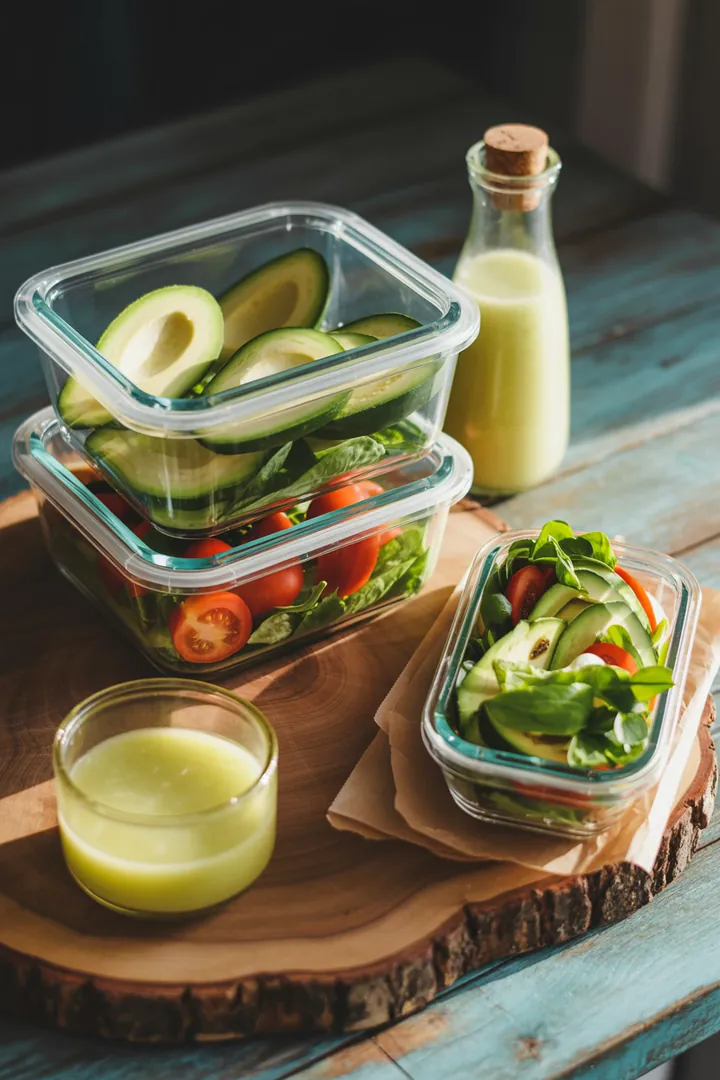 Bunte, vorbereitete Mahlzeiten in praktischen Fächern, ergänzt durch eine Salatschleuder und kleine Behälter für Dressings, um Frische zu bewahren. Küchenpapier sorgt für Sauberkeit.