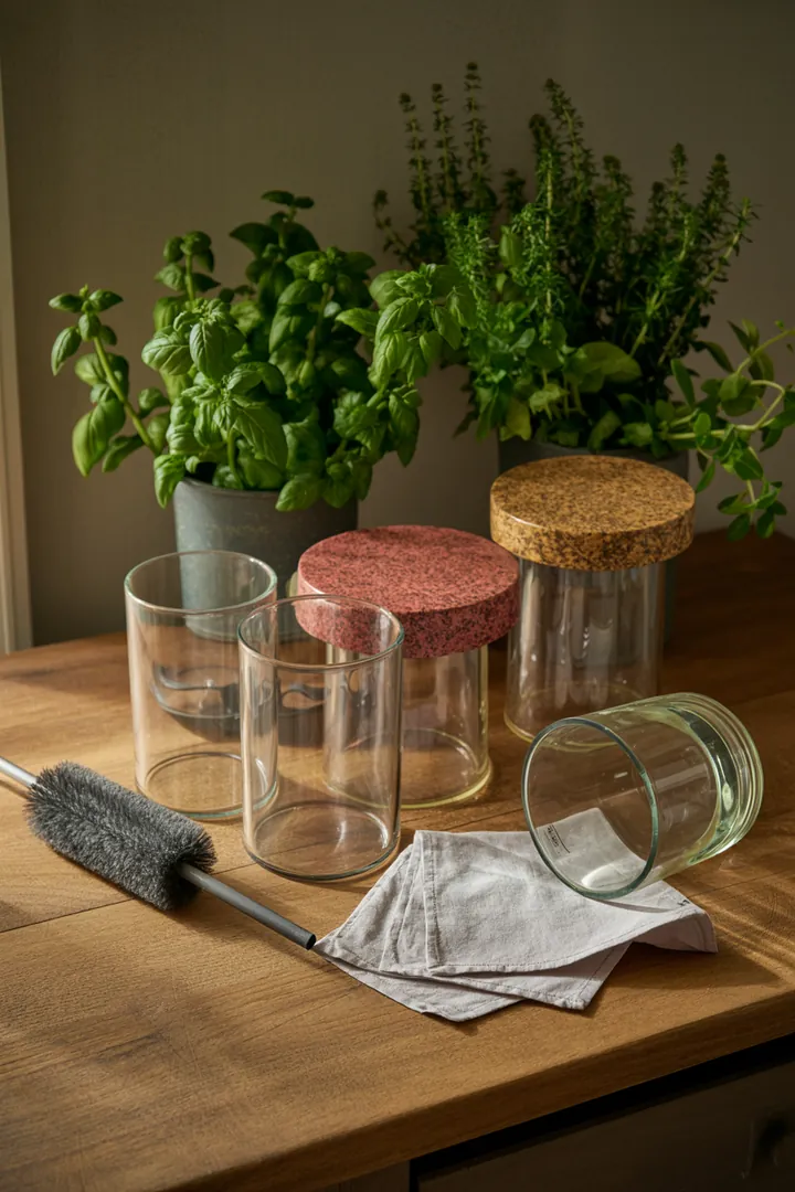 Ein Set aus verschiedenen Reinigungswerkzeugen, darunter eine spezielle Bürste für Dosen, Mikrofasertücher und praktische Ersatzdeckel, ideal für gründliche Sauberkeit.