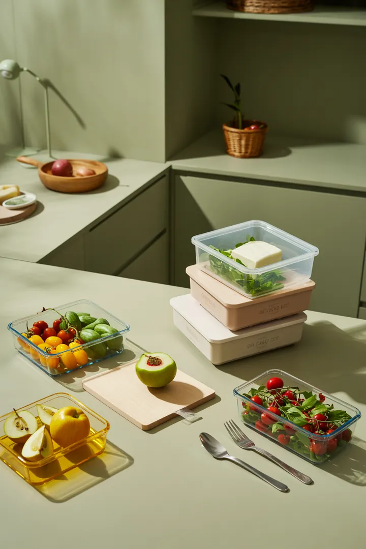 Vorbereitete Mahlzeiten in luftdicht verschlossenen Behältern, ergänzt durch eine Salatschleuder und Küchenpapier für frische Zutaten. Ideal für effizientes Meal Prep.