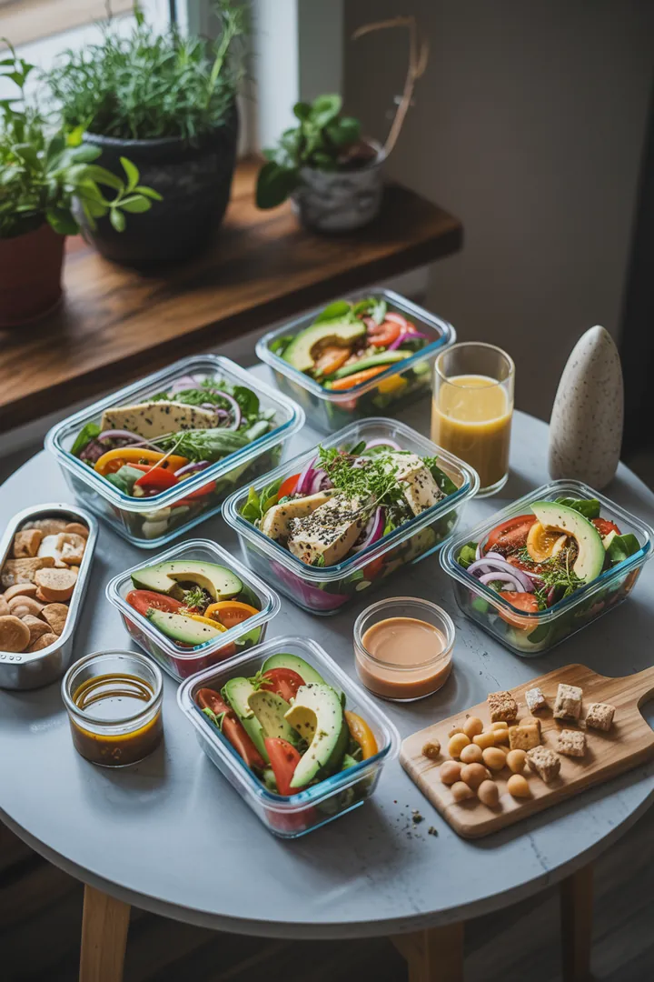 Bunte frische Zutaten in praktischen Behältern für die Essensvorbereitung, umweltfreundliche Aufbewahrungslösungen und Küchenhelfer für gesunde Mahlzeiten.