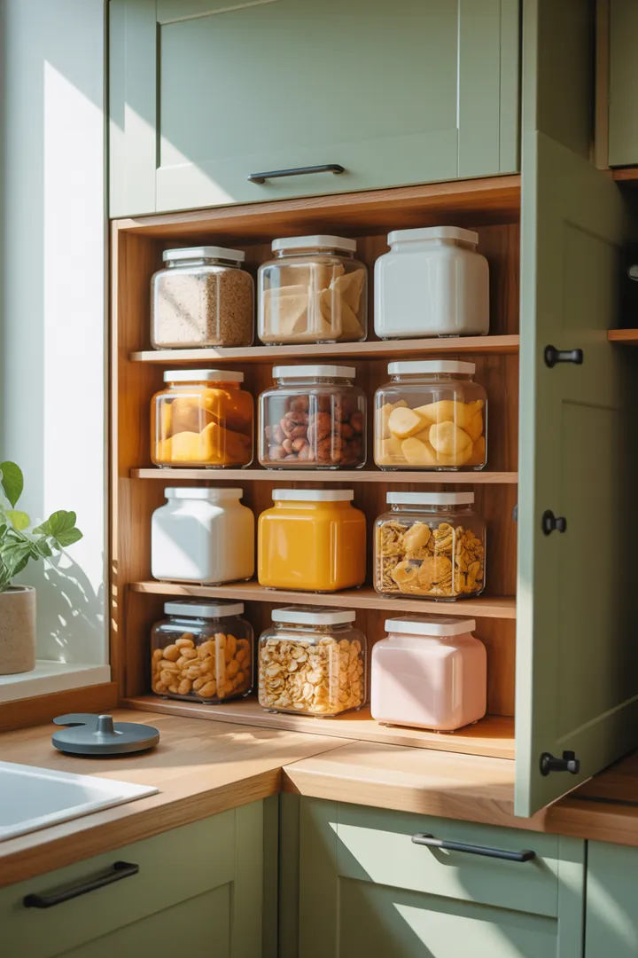 Kreative und funktionale Aufbewahrungslösung mit eckigen, stapelbaren Dosen auf einem praktischen Drehteller für optimalen Stauraum im Schrank.