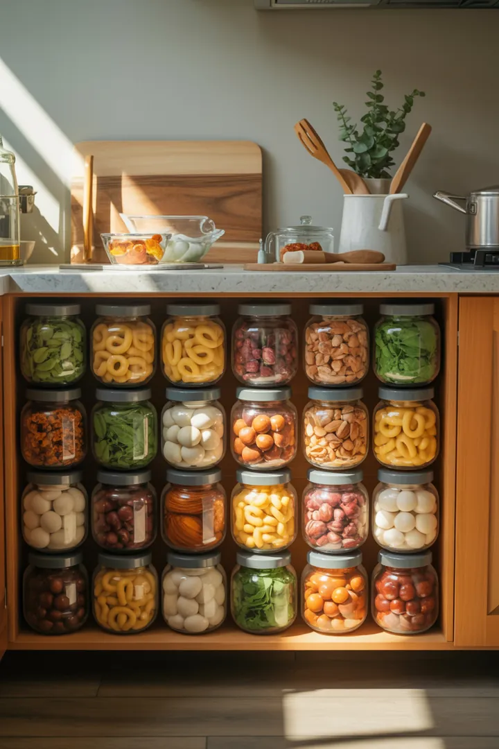 "Praktische eckige Aufbewahrungsbehälter sorgen für optimalen Stauraum im Küchenschrank. Ideal als Schrank-Organizer und mit einem Drehteller für einfachen Zugriff."