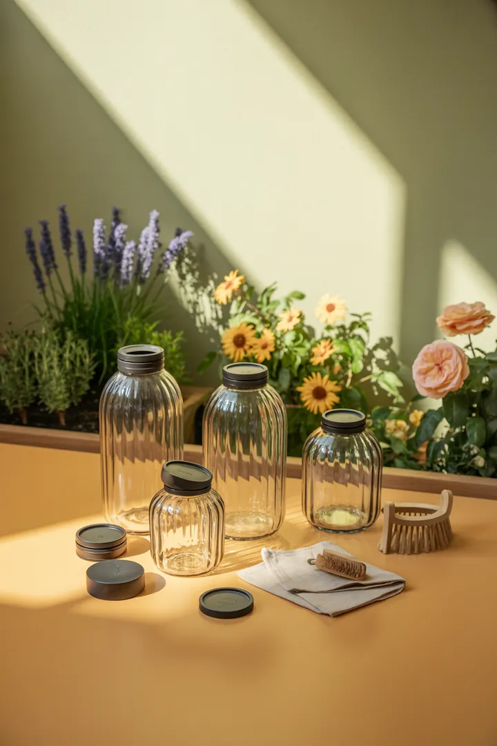 Ein Bild von verschiedenen Reinigungsutensilien, darunter spezielle Bürsten, Dichtungen und Vakuumdosen, die für optimale Hygiene und effiziente Reinigung in der Spülmaschine sorgen.