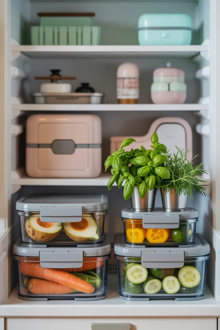 "Praktische Aufbewahrungslösungen für Lebensmittel: auslaufsichere Dosen und Vakuum-Boxen in einem Kühlschrank-Organizer für effizientes Meal Prep und Kosten-Nutzen."