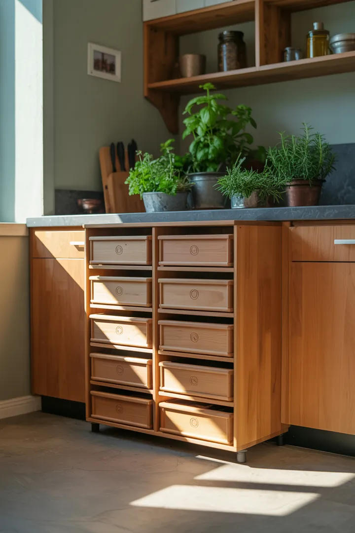 Praktische Aufbewahrungslösung mit einem Vakuumdosen-Set, einschließlich einer Handpumpe, Deckelhalter und Schubladenboxen für optimale Ordnung und Stauraum.