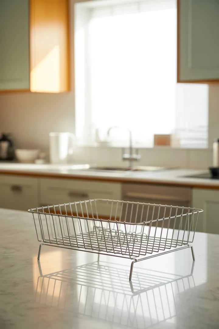 Abtropfgestell als geordnete Trockenzone für Geschirr, alltagstauglich nur mit guter Wasserableitung und leicht zu reinigendem, rostfreiem Material.