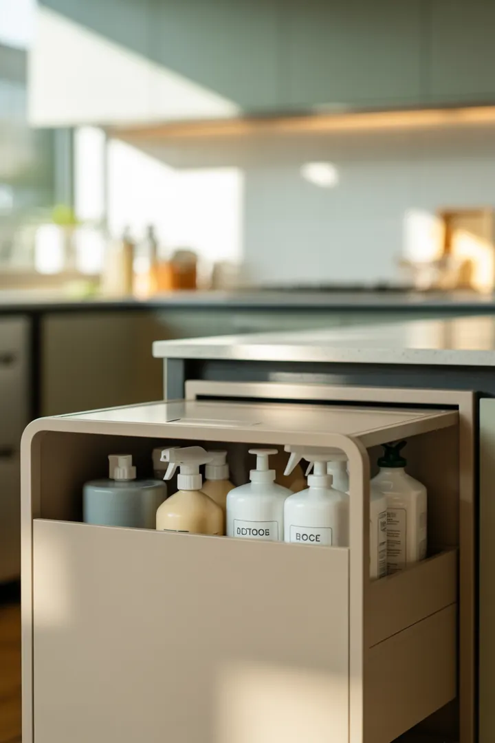 Putzmittel-Aufbewahrung als geordnete Reinigungsstation, die Flaschen, Tücher und Zubehör sicher bündelt und leicht sauber bleibt.