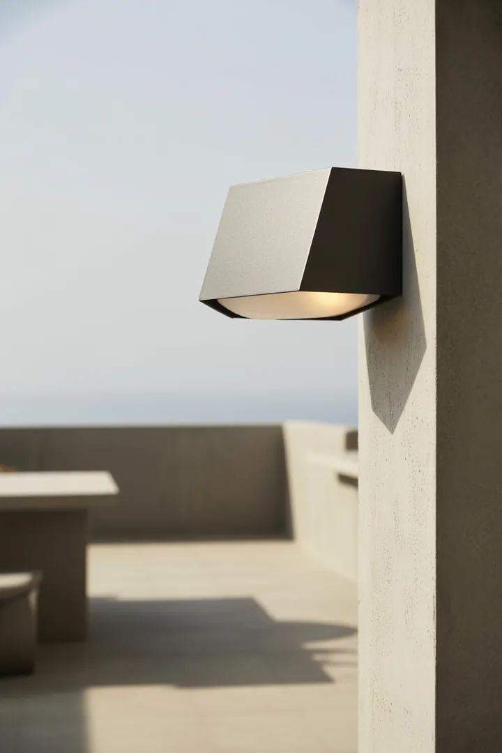 Außenwandleuchte als wetterfeste Orientierungsbeleuchtung für Balkon oder Terrasse, ideal blendfrei platziert und robust gegen Wind und Regen.