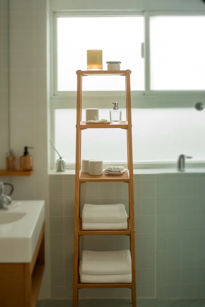Badregal schmal als Nischen-Stauraum im kleinen Bad, am besten wasserfest und kippsicher, damit Produkte ordentlich stehen ohne den Durchgang zu blockieren.