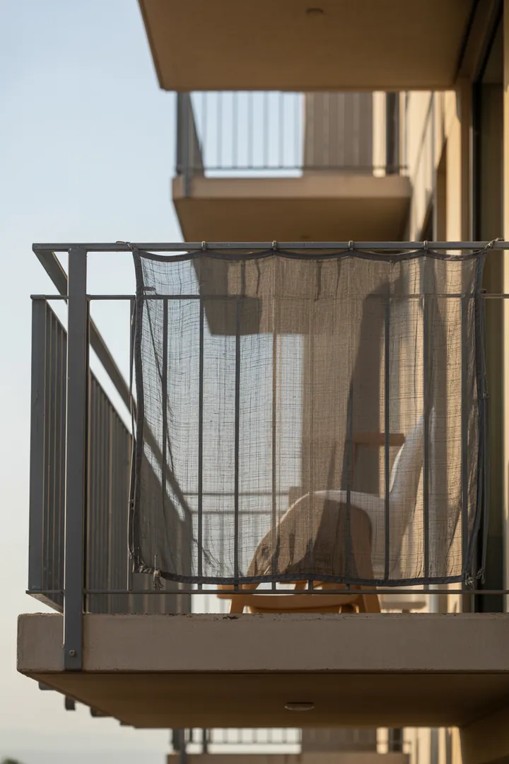 Balkon-Sichtschutz aus Stoff als weiche Privatsphäre-Lösung, am besten UV-beständig und straff befestigt, damit er bei Wind nicht stark flattert.