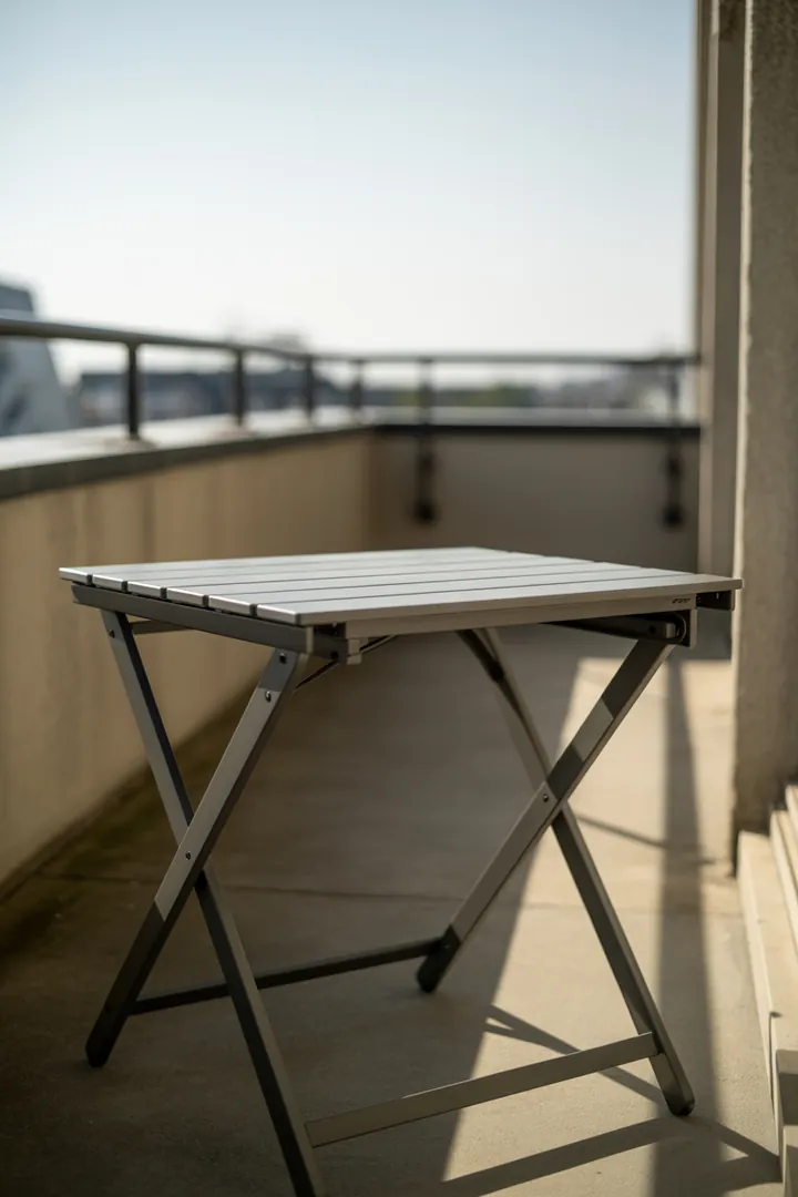 Klappbarer Balkontisch als schnell verstau­bare Fläche für Essen oder Ablage auf wenig Balkonplatz.