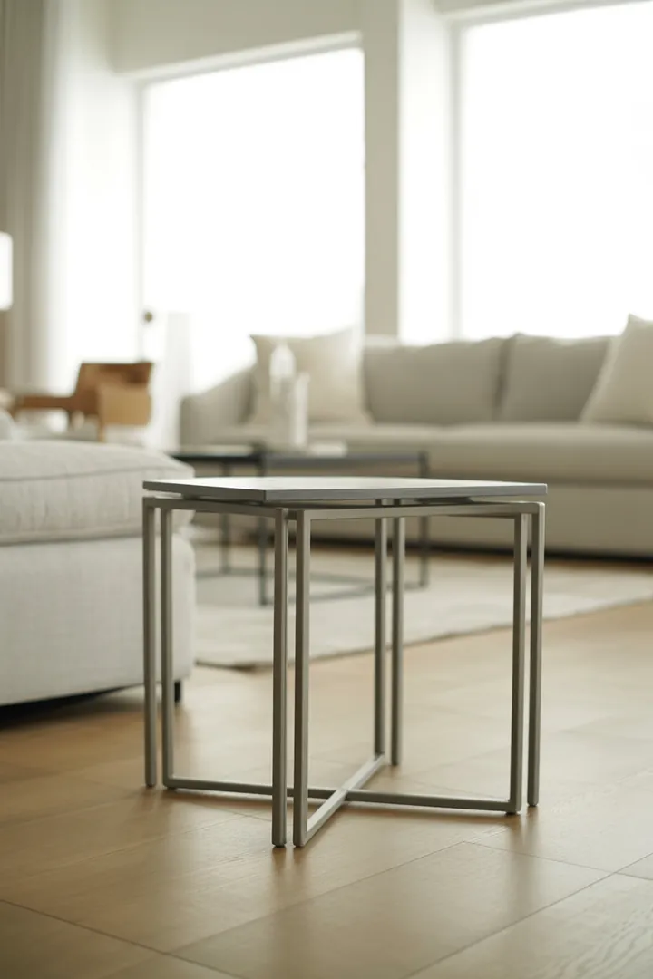 Robuster Metall-Beistelltisch als pflegeleichte Ablage neben Sofa oder Sessel im Alltag.